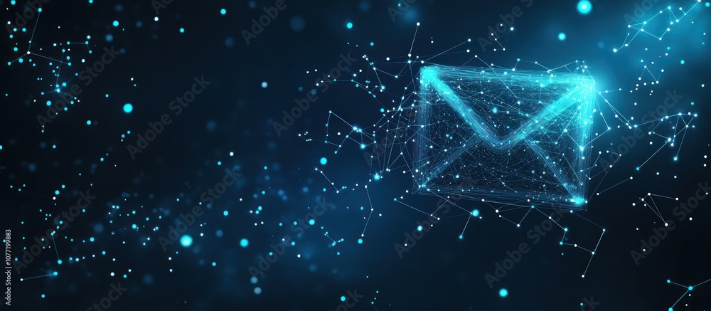 Poster abstract image of e-mail symbol in the form of a starry sky or space, consisting of points, lines, a