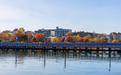 Sheepshead Bay panoramic view with Ocean Avenue Pedestrian Bridge in Brooklyn, New York
