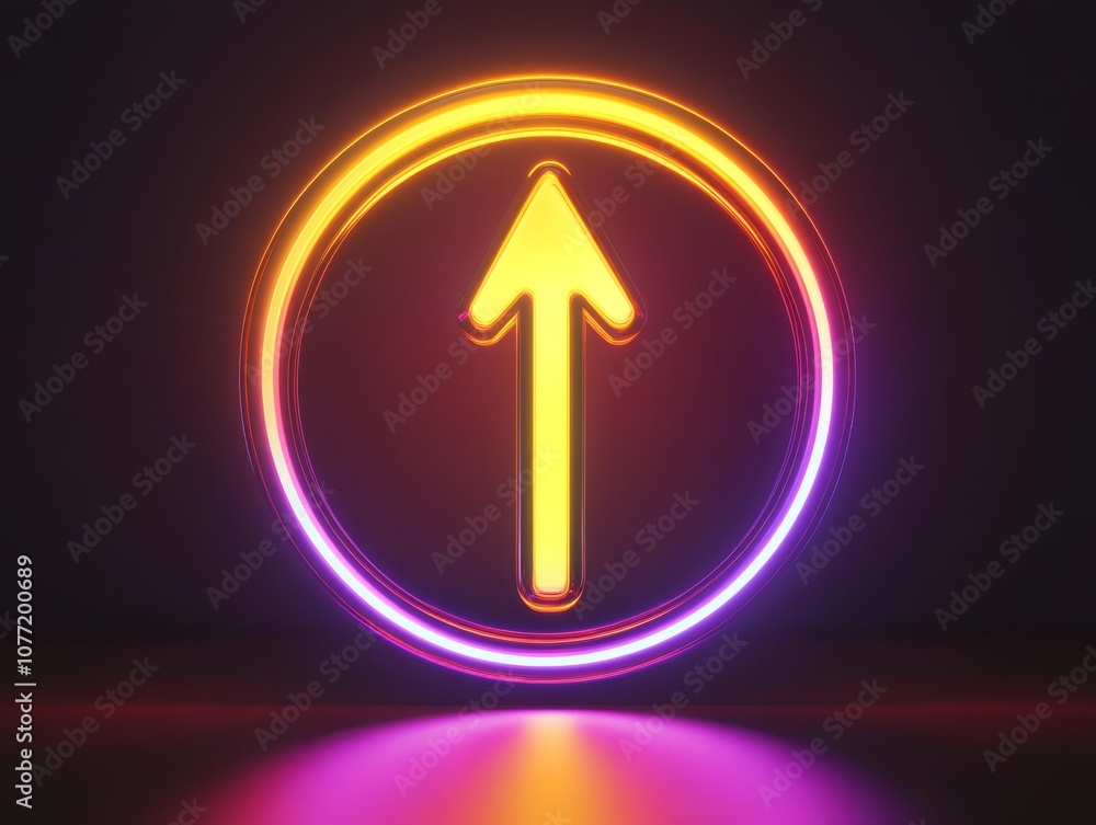 Poster a vibrant and eyecatching 3d neon arrow pointing boldly upwards, beautifully contained within a circ