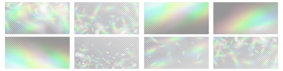 Fototapeta premium Rainbow light prism effect, transparent background. Hologram reflection, crystal flare leak shadow overlay. 