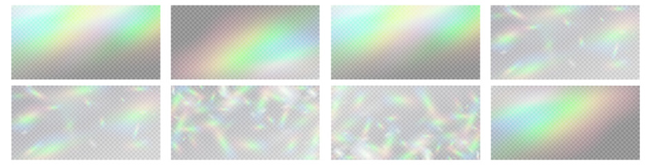 Rainbow light prism effect, transparent background. Hologram reflection, crystal flare leak shadow overlay.	