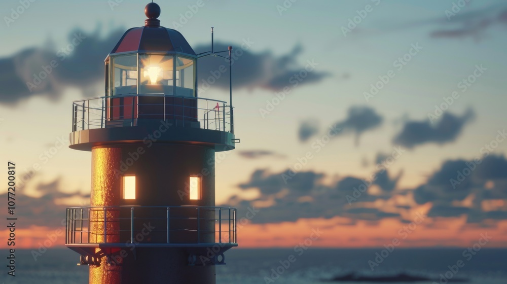 Poster a lighthouse stands tall on a cliffside as the sun sets behind it, casting a warm orange glow