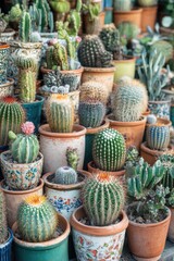 Variety of cacti plants in pots on a table, perfect for decoration or arrangement ideas