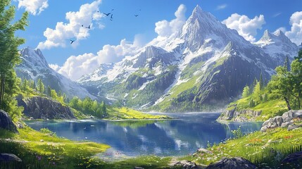Fototapeta premium Vast mountains, clear skies, peaceful lakes, lush green valleys, bright sunlight.