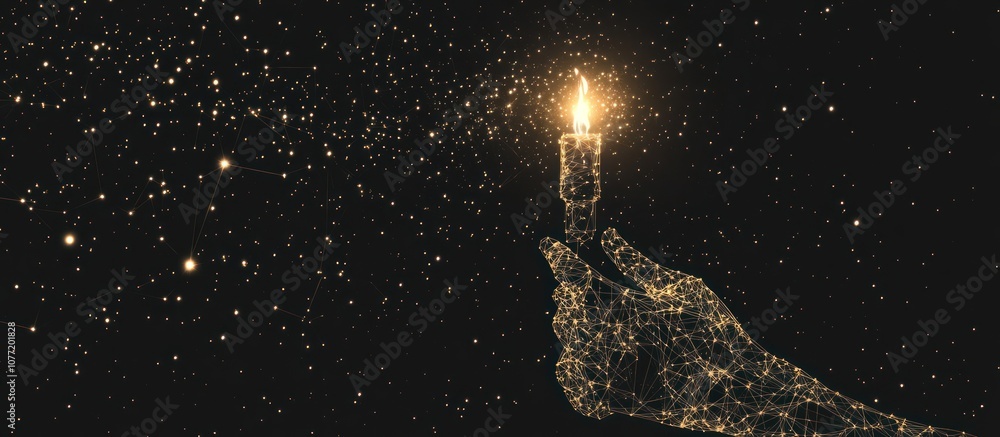 Poster torch in hand in the form of a starry sky or space, consisting of points