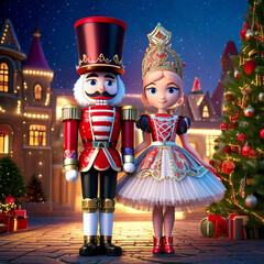  nutcracker and a ballerina in front of a Christmas tree