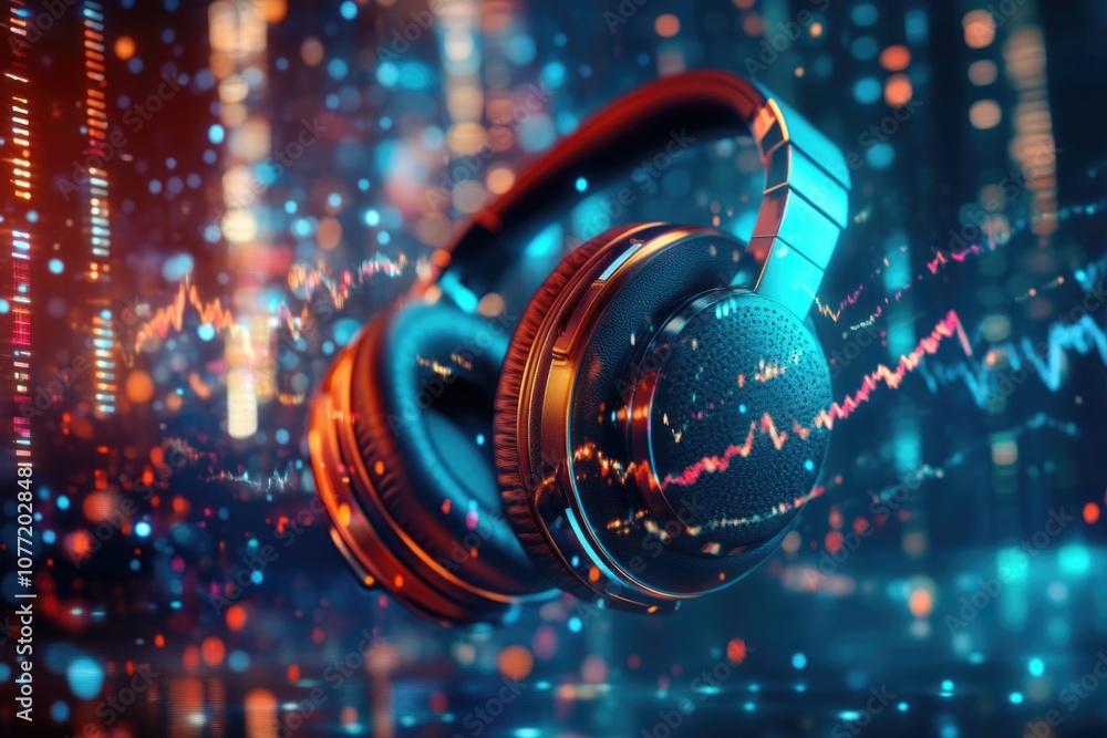 Poster a pair of headphones resting on a surface, suitable for use in an office or home setting