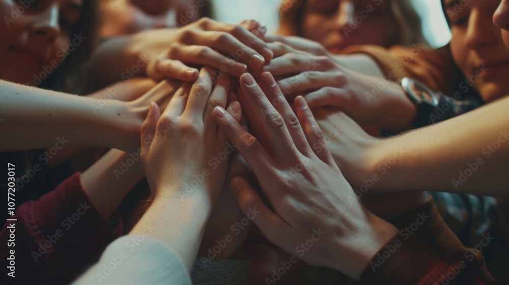 Poster a group of people forming a human chain with their hands joined together, a symbol of unity and coop