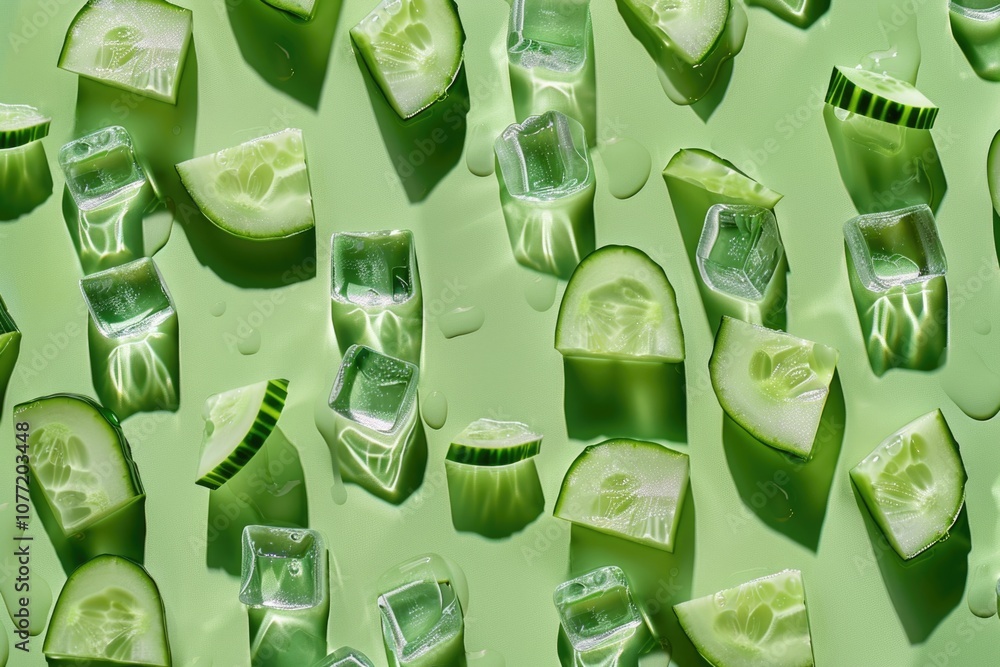 Poster Fresh cucumber slices and ice cubes arranged on a green surface for a refreshing snack or garnish