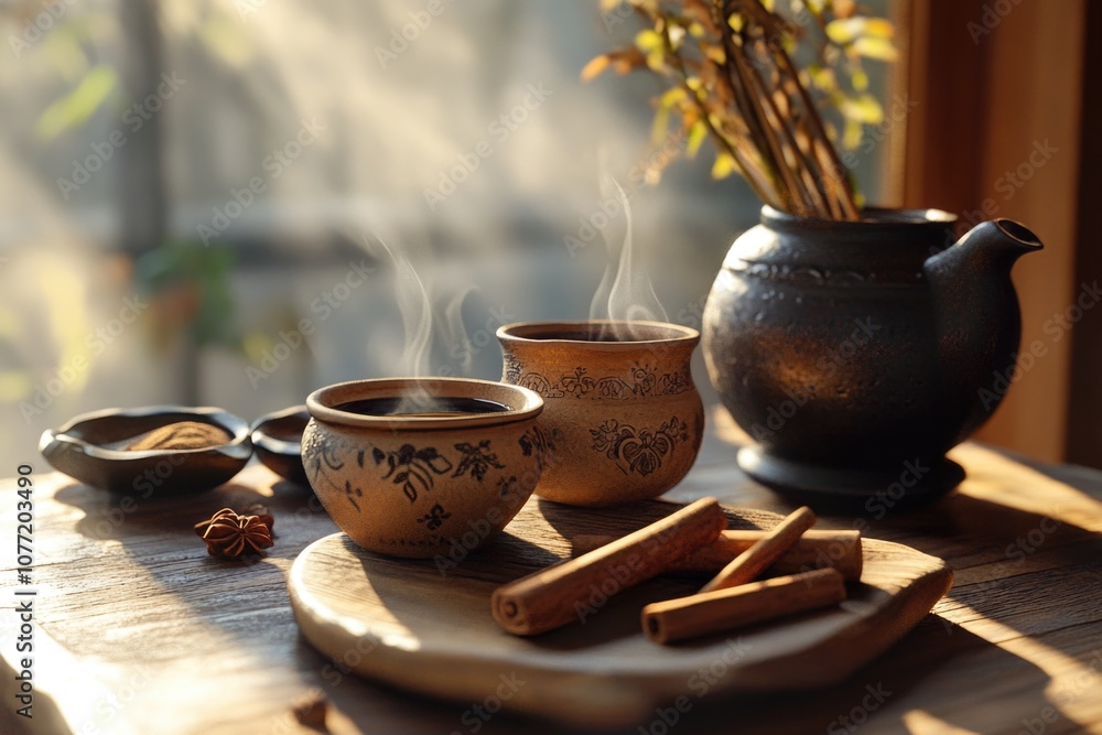 Poster a simple and cozy scene featuring a wooden table topped with two cups of coffee