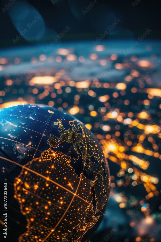 Poster A close-up view of a globe with a city visible in the background