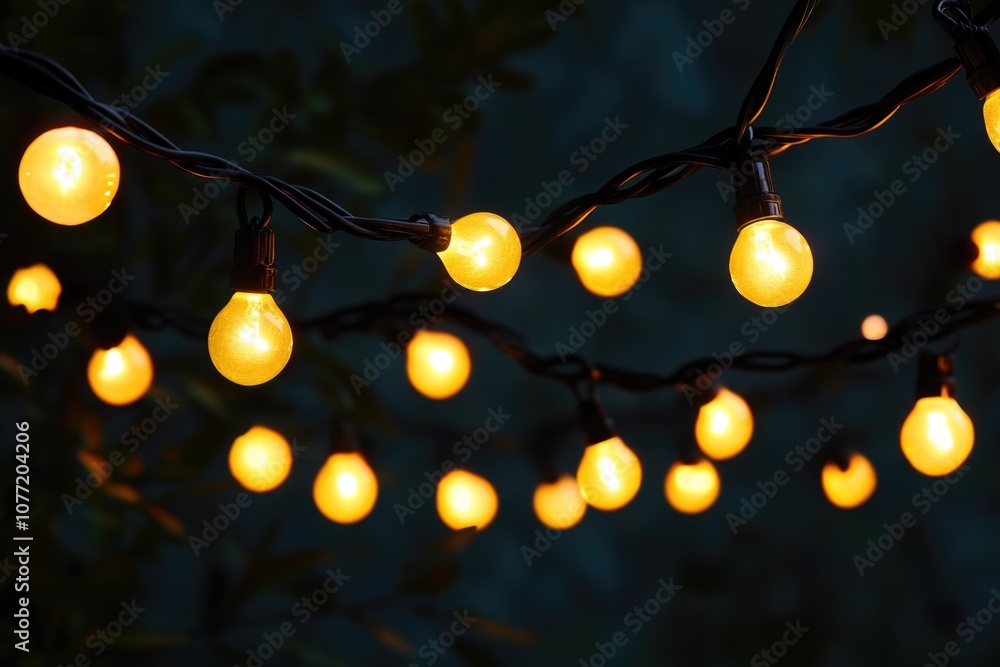 Poster outdoor decoration with string lights hanging from a tree branch, suitable for festivals or events