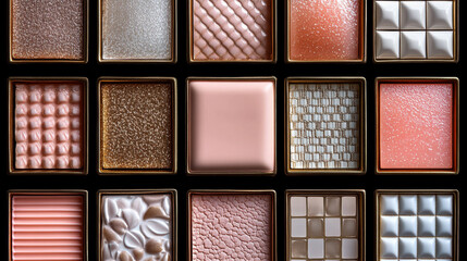 Fototapeta premium collection of textured chocolate squares in various colors and patterns, showcasing luxurious and elegant design. Perfect for dessert lovers and confectionery enthusiasts