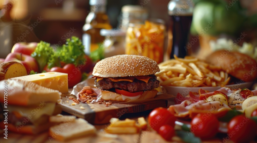 Poster A table filled with various types of food, ideal for use in editorial or commercial contexts