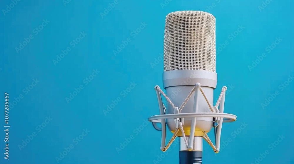 Poster an inviting audio studio setup featuring a pop filter and microphone designed for recording music an