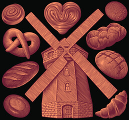 Windmill and baked goods. Baking bread. Design set. Editable hand drawn illustration. Vector vintage engraving. Isolated on black background. 8 EPS