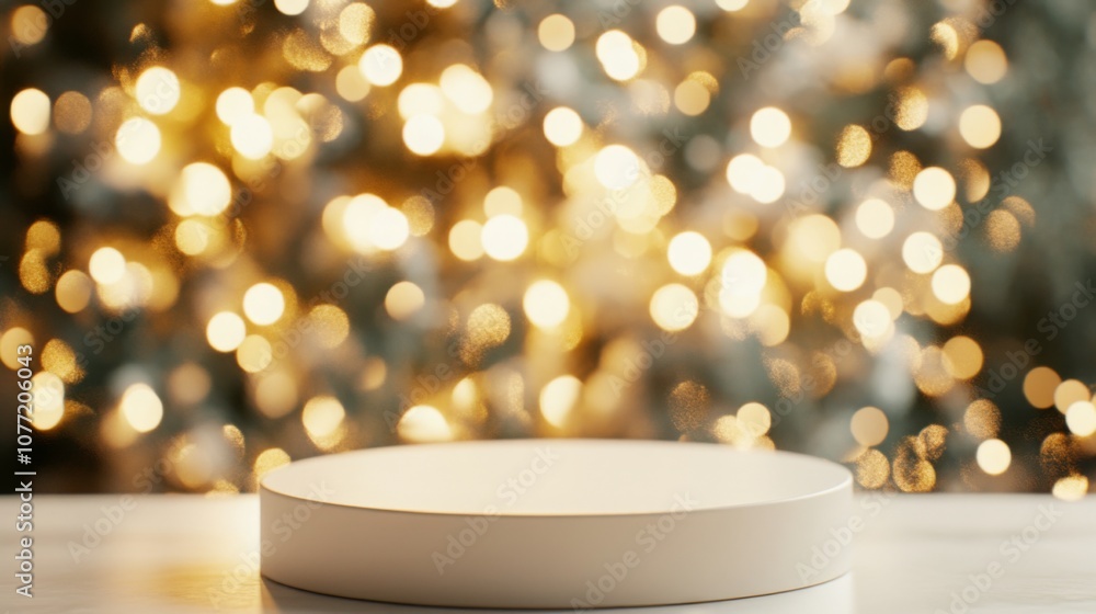 Leinwandbilder a smooth, circular display stand rests on a table, beautifully illuminated by soft, twinkling lights