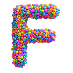 Letter F made of bright cheerful multi-colored glossy balls. Ideal for kid's zone, playroom decor, children&rsquo;s design, festive themes. Rainbow mixed random spheres formed creative font. 3d rendering