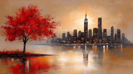 Obraz premium vibrant autumn scene featuring red tree by calm lake, reflecting city skyline at sunset. warm colors evoke sense of tranquility and beauty