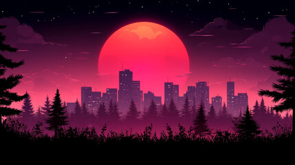 Fototapeta premium vibrant sunset over city skyline, surrounded by silhouettes of trees, creating serene atmosphere