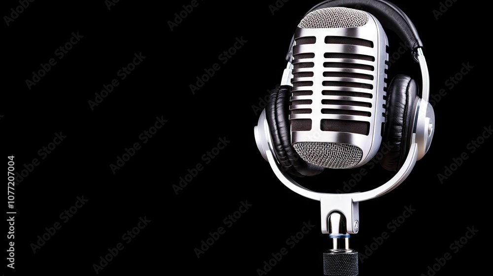 Poster modern studio microphone with pop filter and headphones set against a bokeh backdrop in a profession