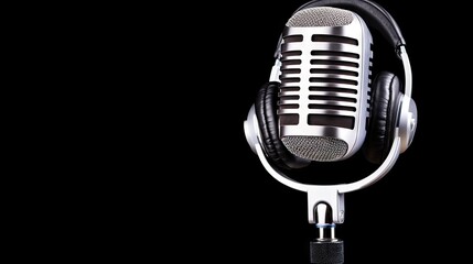 Fototapeta premium Modern studio microphone with pop filter and headphones set against a bokeh backdrop in a professional recording room