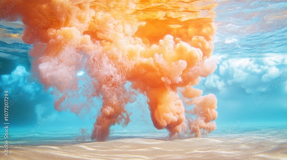 Poster A close-up view of an orange substance floating on the surface of water, suitable for use in scenes depicting pollution or environmental issues