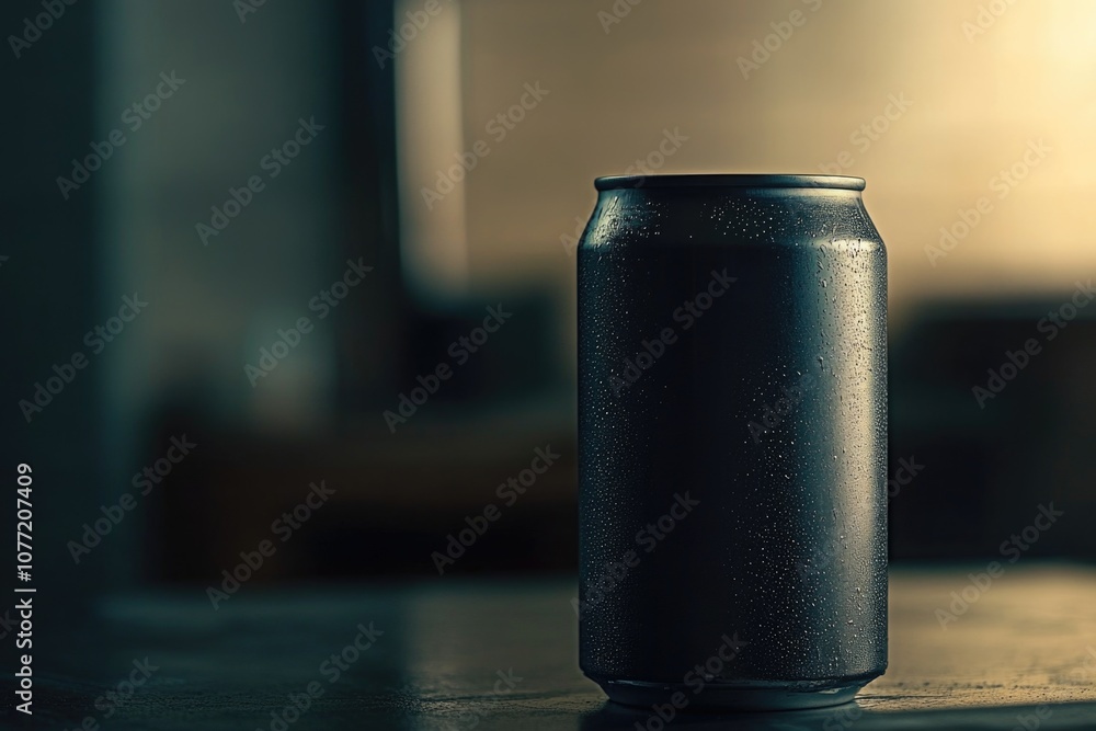 Poster a can of soda sits on a table with a flat surface and legs