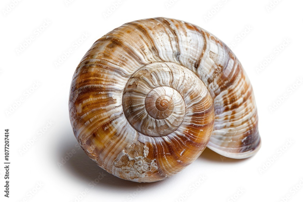 Poster Close-up shot of a snail shell on a white surface, ideal for use in scientific or educational contexts