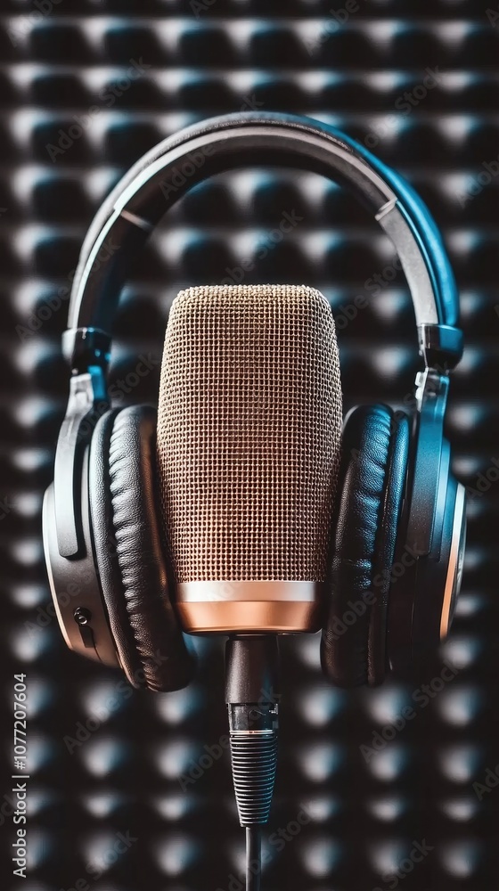 Poster a close-up view of a professional audio studio featuring headphones and a microphone with sound-abso