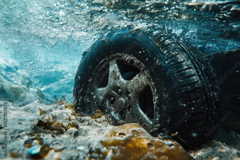 Poster a close-up shot of a tire submerged in water