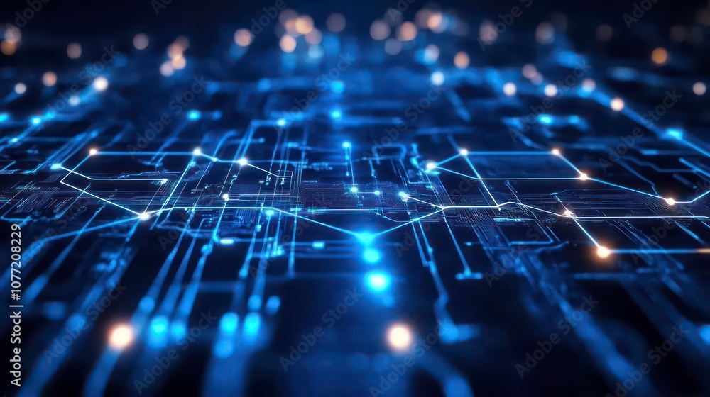 Fototapete Abstract digital background with glowing circuit board pattern and connecting lines.