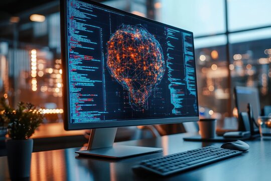 A computer monitor displaying code with a glowing globe representing artificial intelligence.