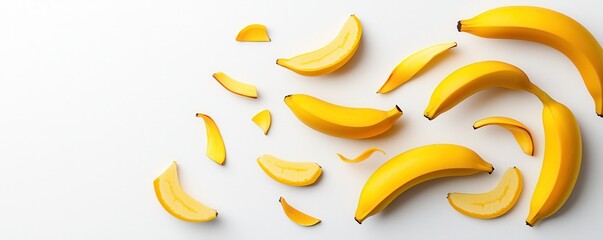 A vibrant arrangement of yellow bananas scattered artistically on a light surface, highlighting their freshness and appealing curves.