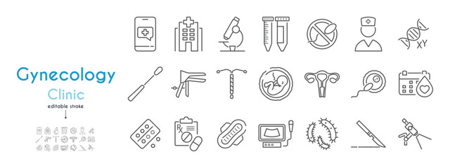 Gynecology clinic line icons set. Contraceptive coil, curette, speculum, embryo, ultrasound, menstruation calendar, sanitary pad, colposcope, women's health vector illustration. Editable Stroke