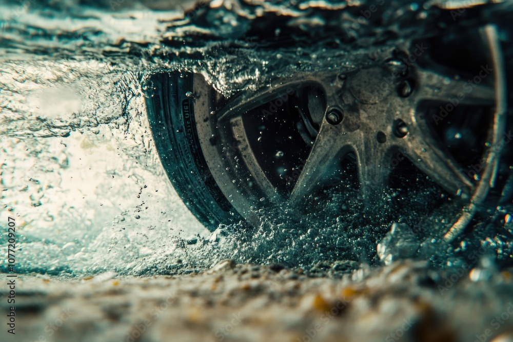 Poster a close-up shot of a tire submerged in water