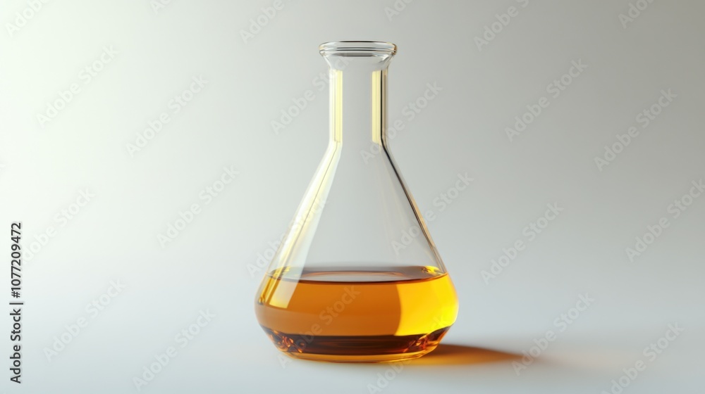Poster a close up of a bottle of liquid on a table, ideal for use in product photography or scientific illu