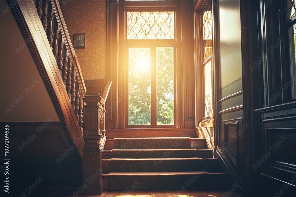 Poster A set of stairs illuminated by natural light from an open window