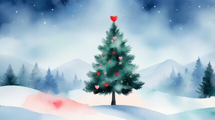 A Christmas tree adorned with heart-shaped decorations, standing beautifully in a snowy landscape.