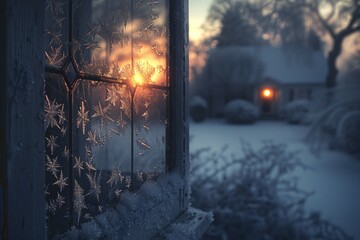 Fototapeta premium Delicate frost adorns a windowpane as the sun sets over a tranquil winter scene, illuminating a snowy yard and a cozy home in the background