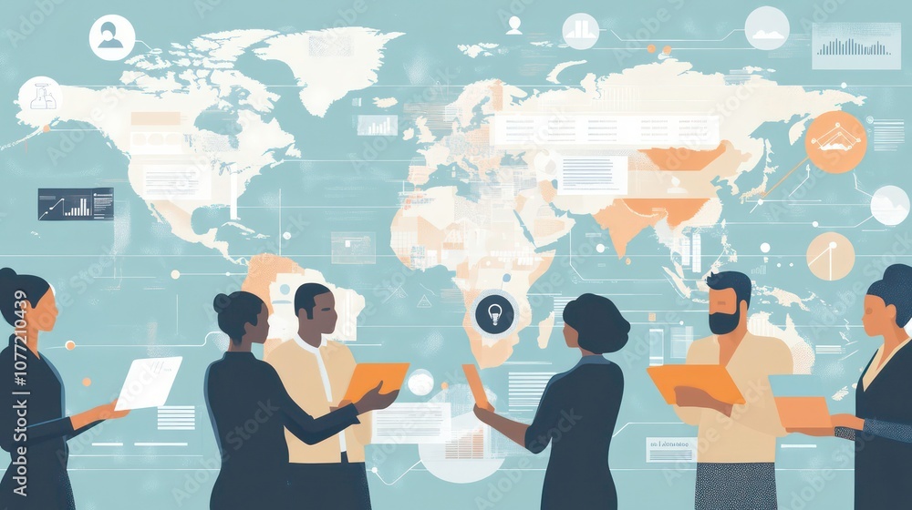 Aufkleber diverse colleagues analyzing global business data, tech network & strategy on digital interface - hr