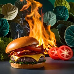 Levitation of a juicy tasty burger.