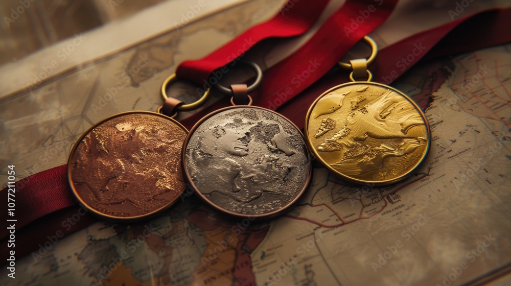 Poster Close-up of three medals on a map with geographic features