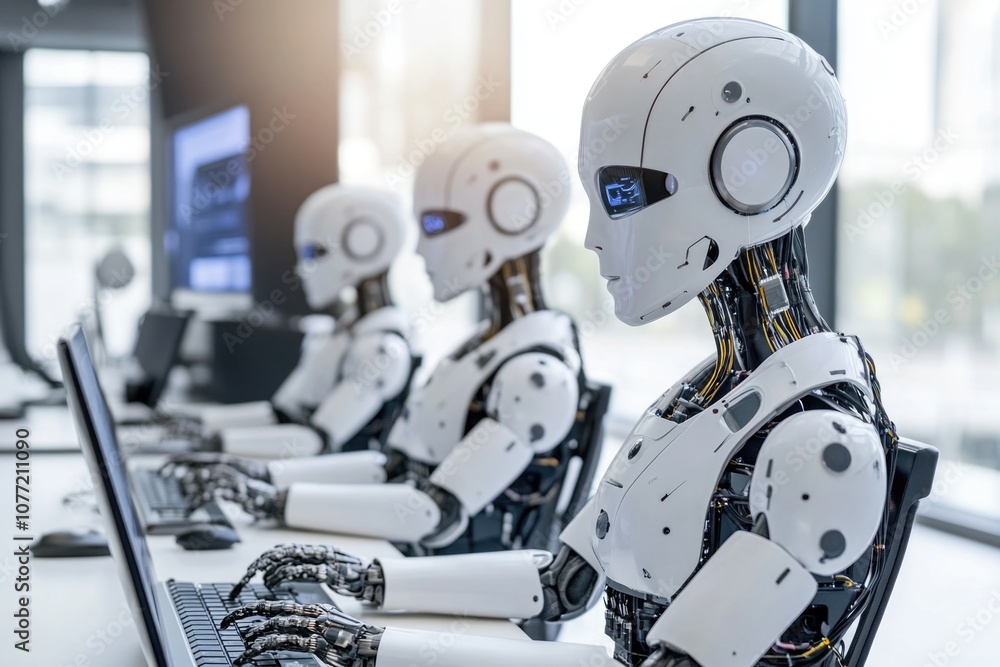 Aufkleber Group of robots using laptops, potential AI or tech concept image