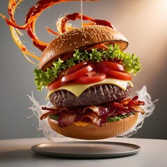 Levitation of a juicy tasty burger.