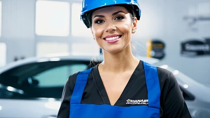 Smiling female mechanic wearing a blue hard hat and uniform in a modern workshop, radiating confidence and professionalism