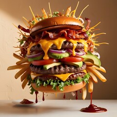 Levitation of a juicy tasty burger.