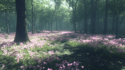 Obraz premium serene forest scene featuring vibrant field of pink flowers surrounded by lush green trees. soft light creates tranquil atmosphere, inviting peace and reflection
