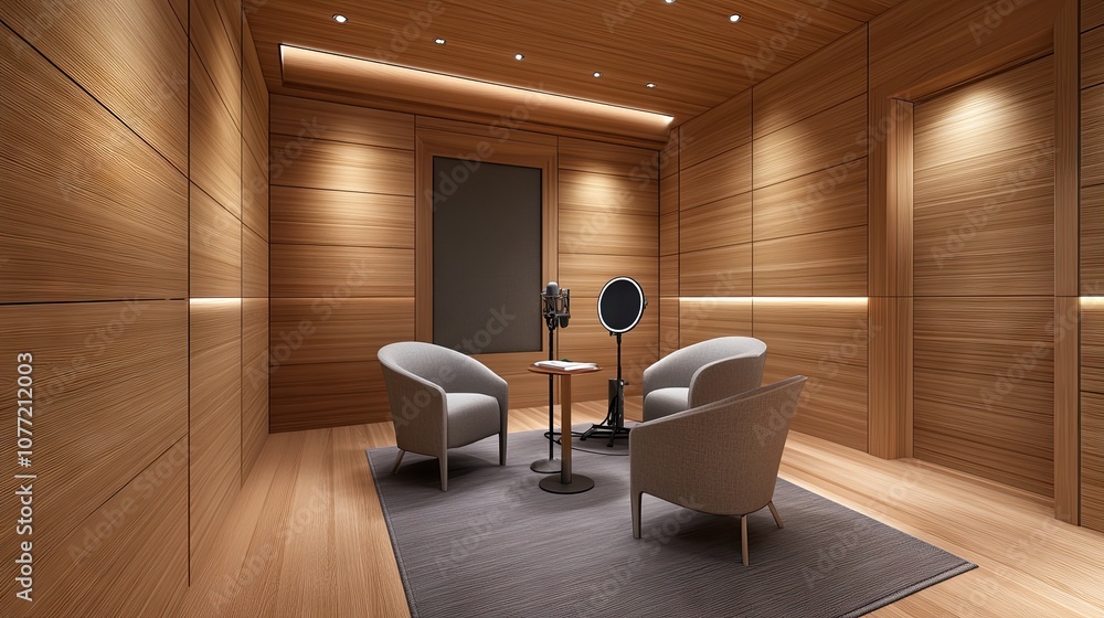 Poster a cozy audio recording studio with a microphone and pop filter in a warm, minimalist setting invitin