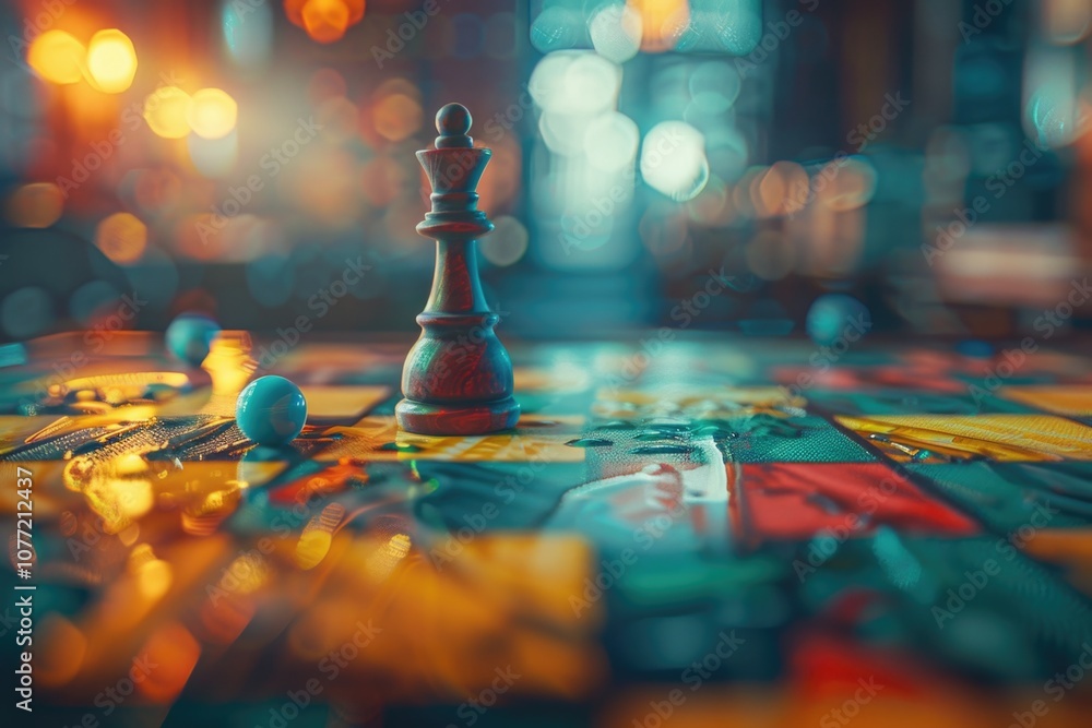 Poster a close-up shot of a single chess piece on a table, great for highlighting details and textures